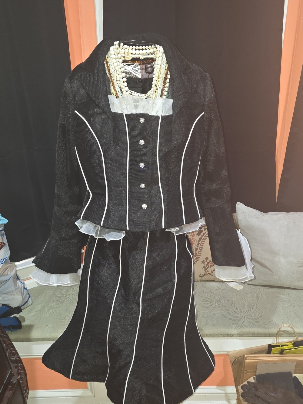 ASHRO Black Jacket and Skirt Set with White Piping Bling Buttons